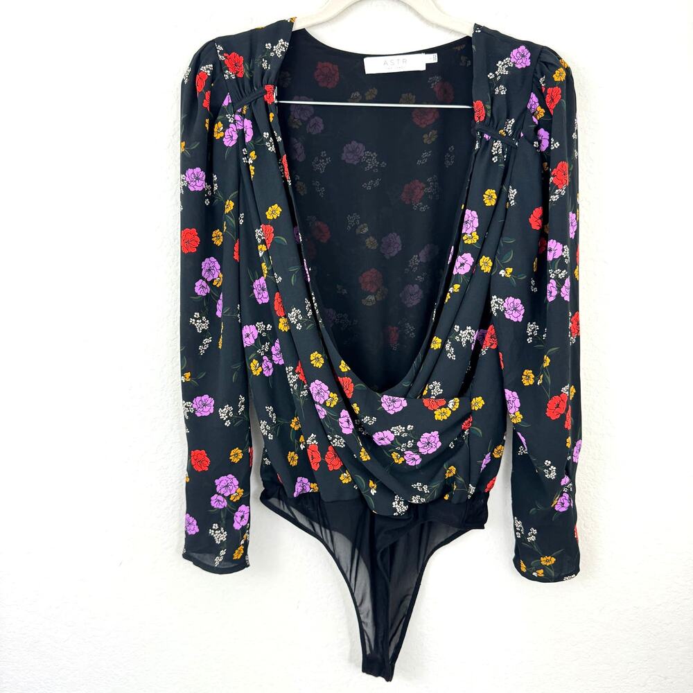 ASTR The Label Women's Floral Wrap Long Sleeve Thong Bodysuit Black Size L